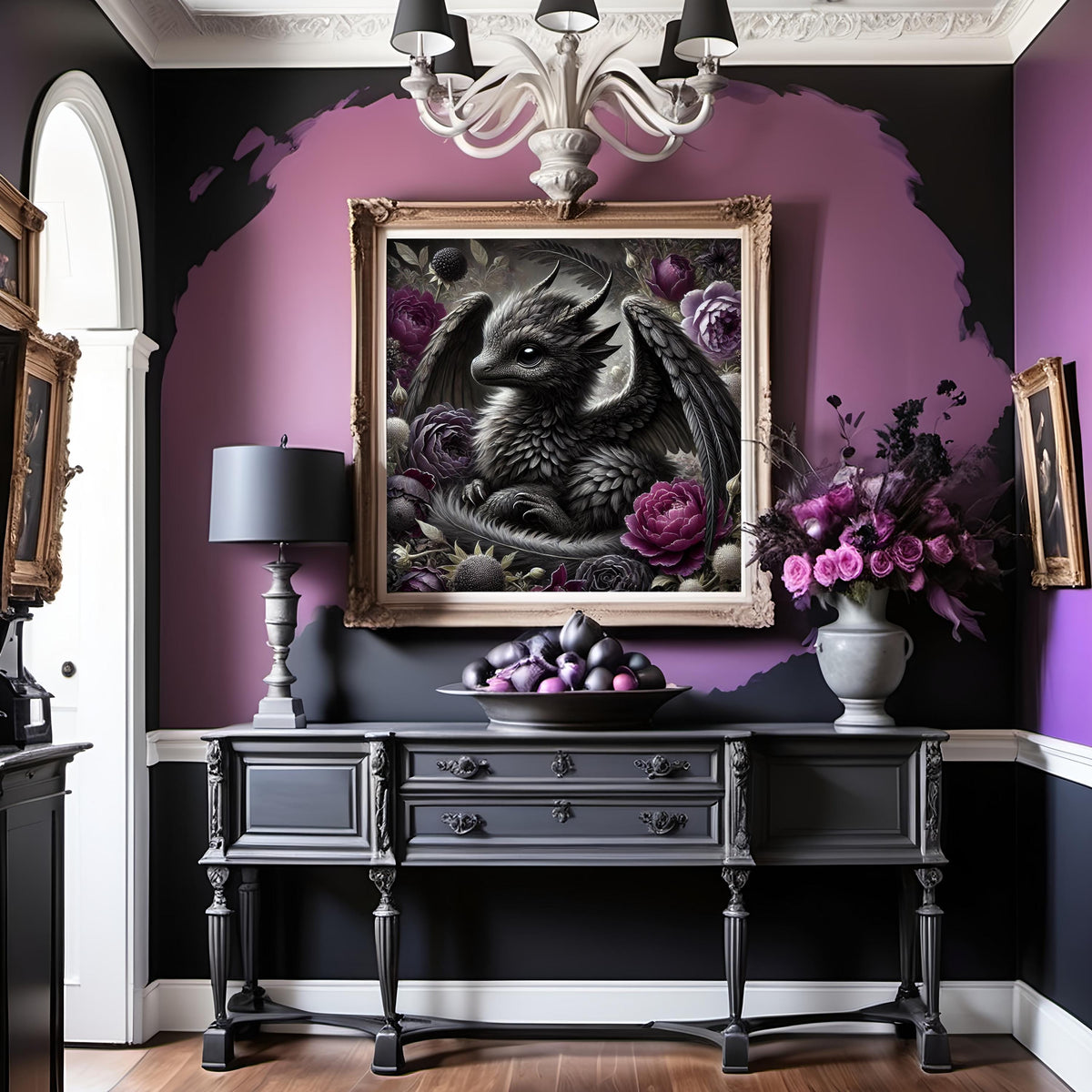 Gothic Baby Dragon Art: Velvet Rose Fantasy Oil Painting (Digital Download)