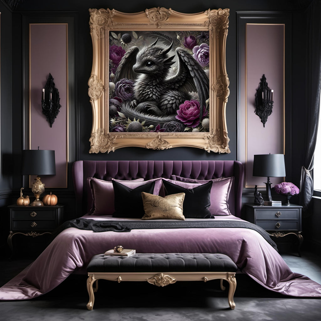 Gothic Baby Dragon Art: Velvet Rose Fantasy Oil Painting (Digital Download)