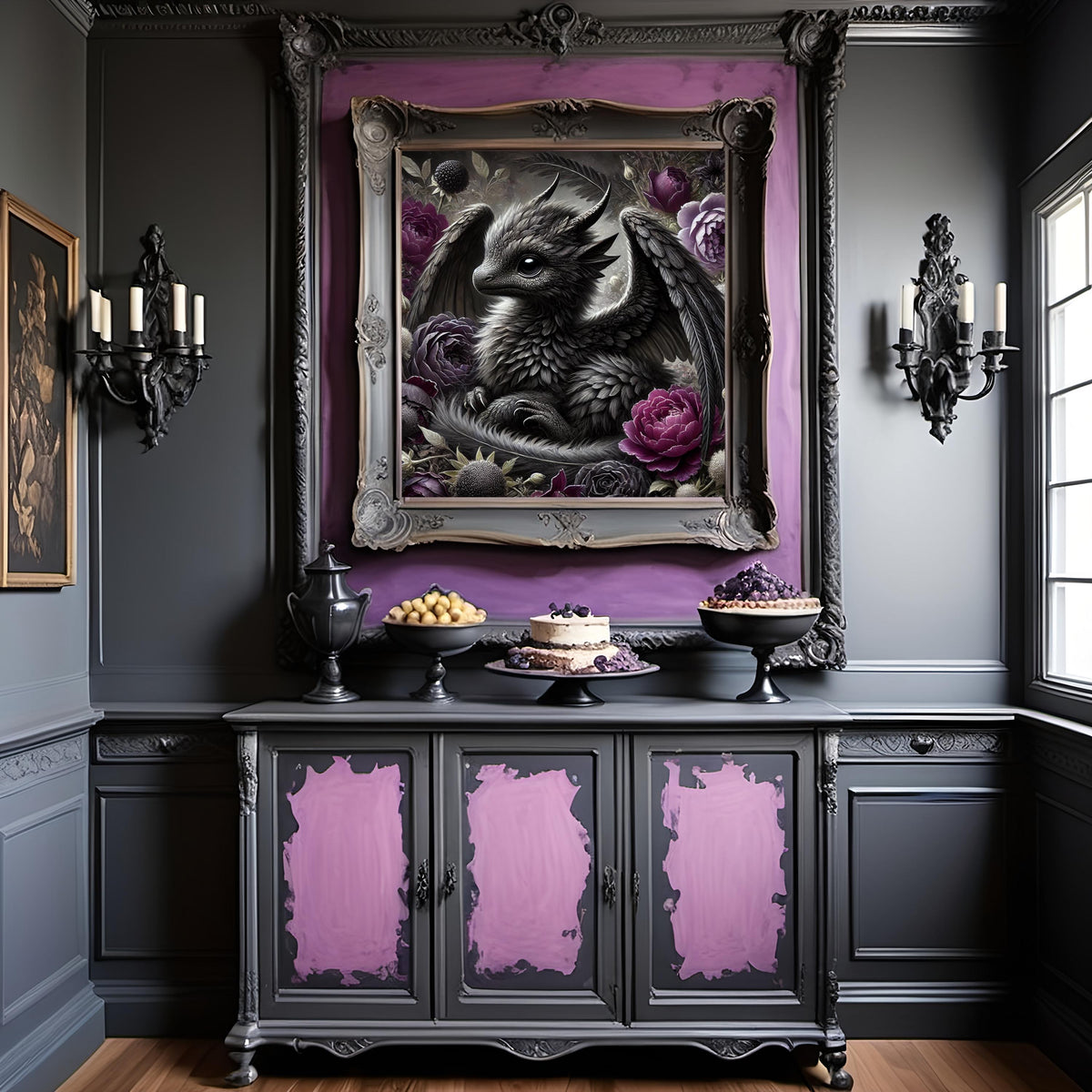 Gothic Baby Dragon Art: Velvet Rose Fantasy Oil Painting (Digital Download)