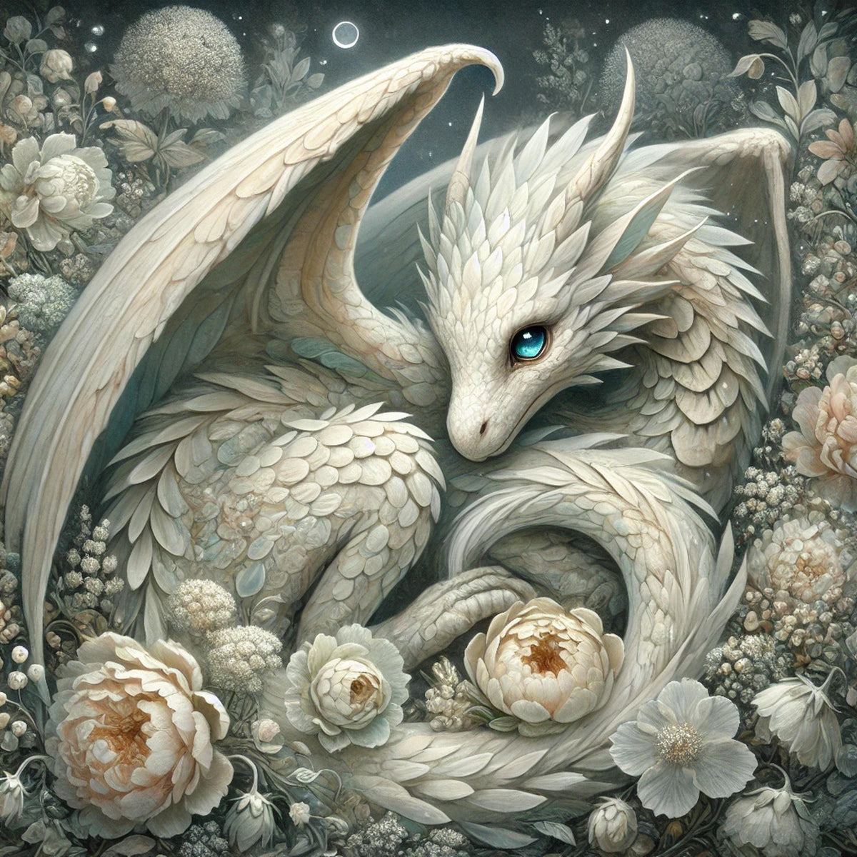Ivory Dragon Art Print: Moonlit Floral Fantasy (Digital Download)