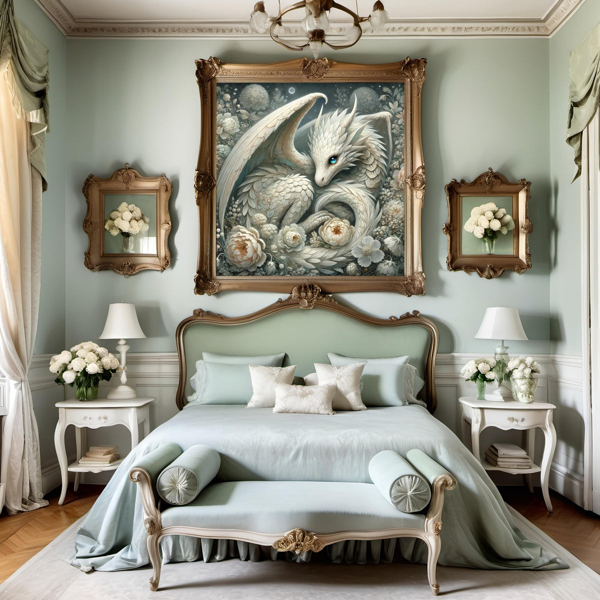 Ivory Dragon Art Print: Moonlit Floral Fantasy (Digital Download)
