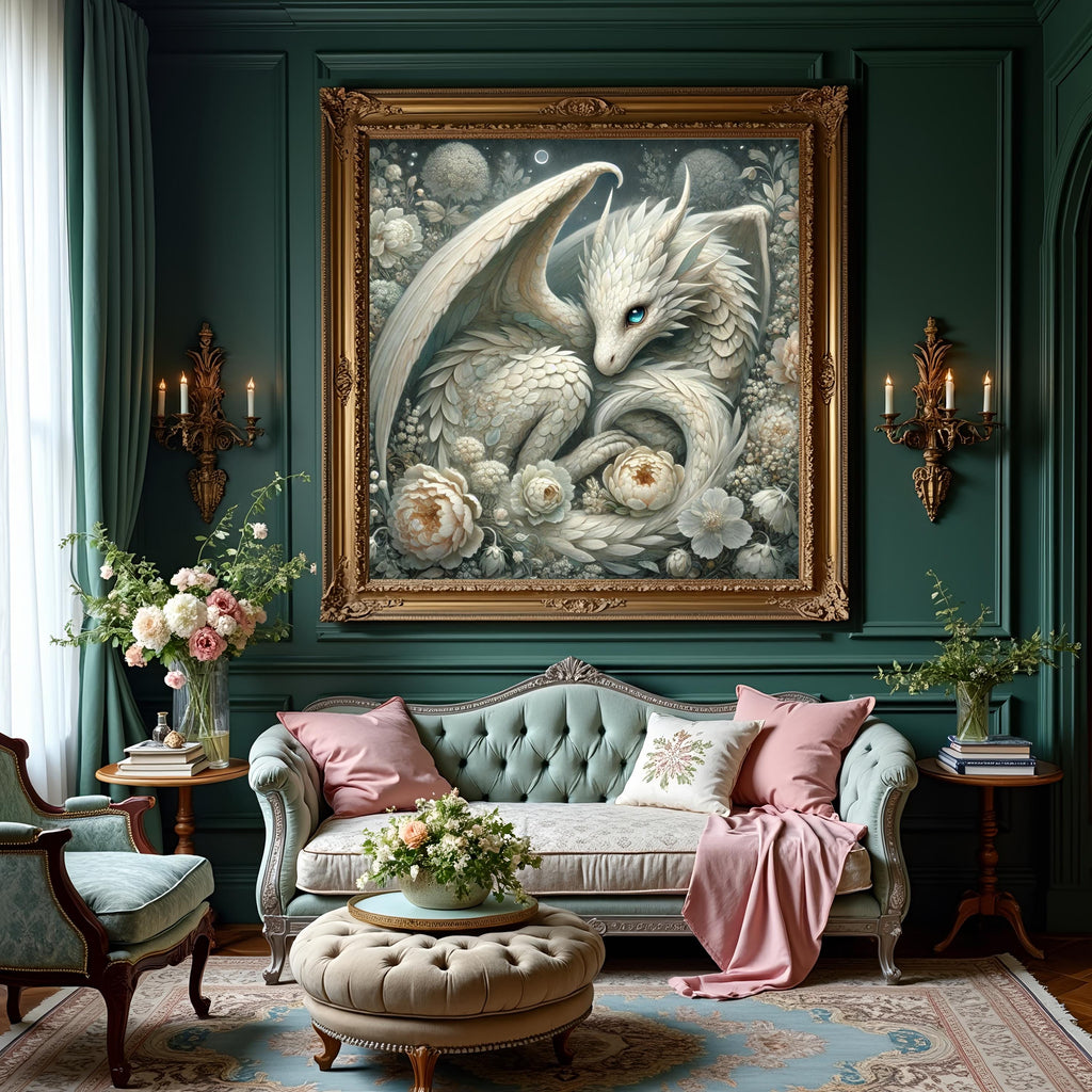 Ivory Dragon Art Print: Moonlit Floral Fantasy (Digital Download)