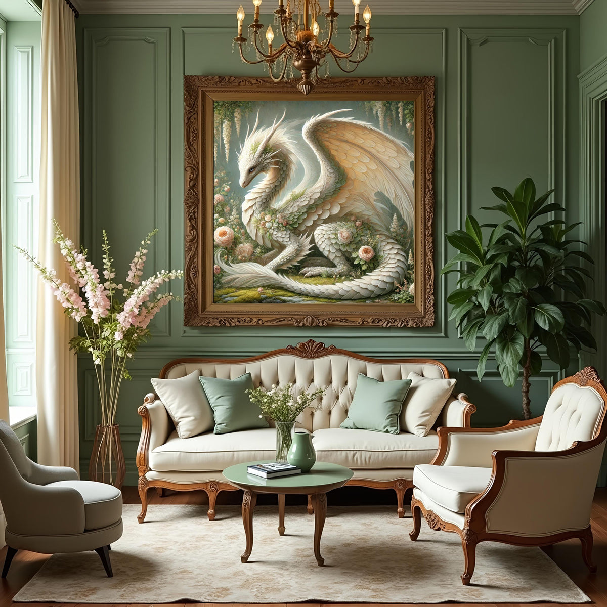 Ivory Garden Dragon Art Print: Vintage Floral Fantasy Wall Art (Digital Download)