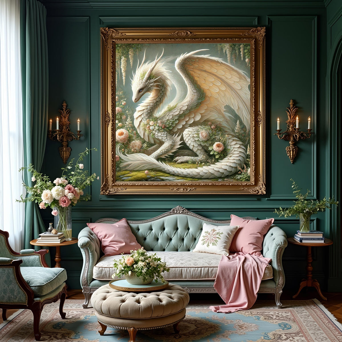Ivory Garden Dragon Art Print: Vintage Floral Fantasy Wall Art (Digital Download)