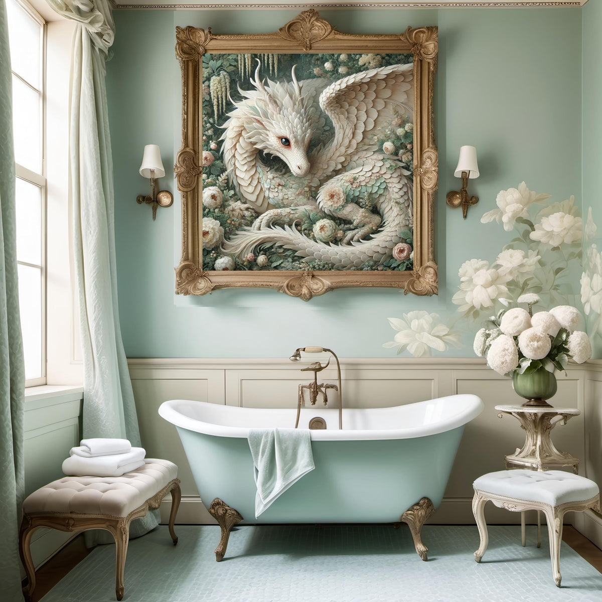 Ivory Dragon Garden Art: Vintage Fantasy Oil Painting (Digital Download)