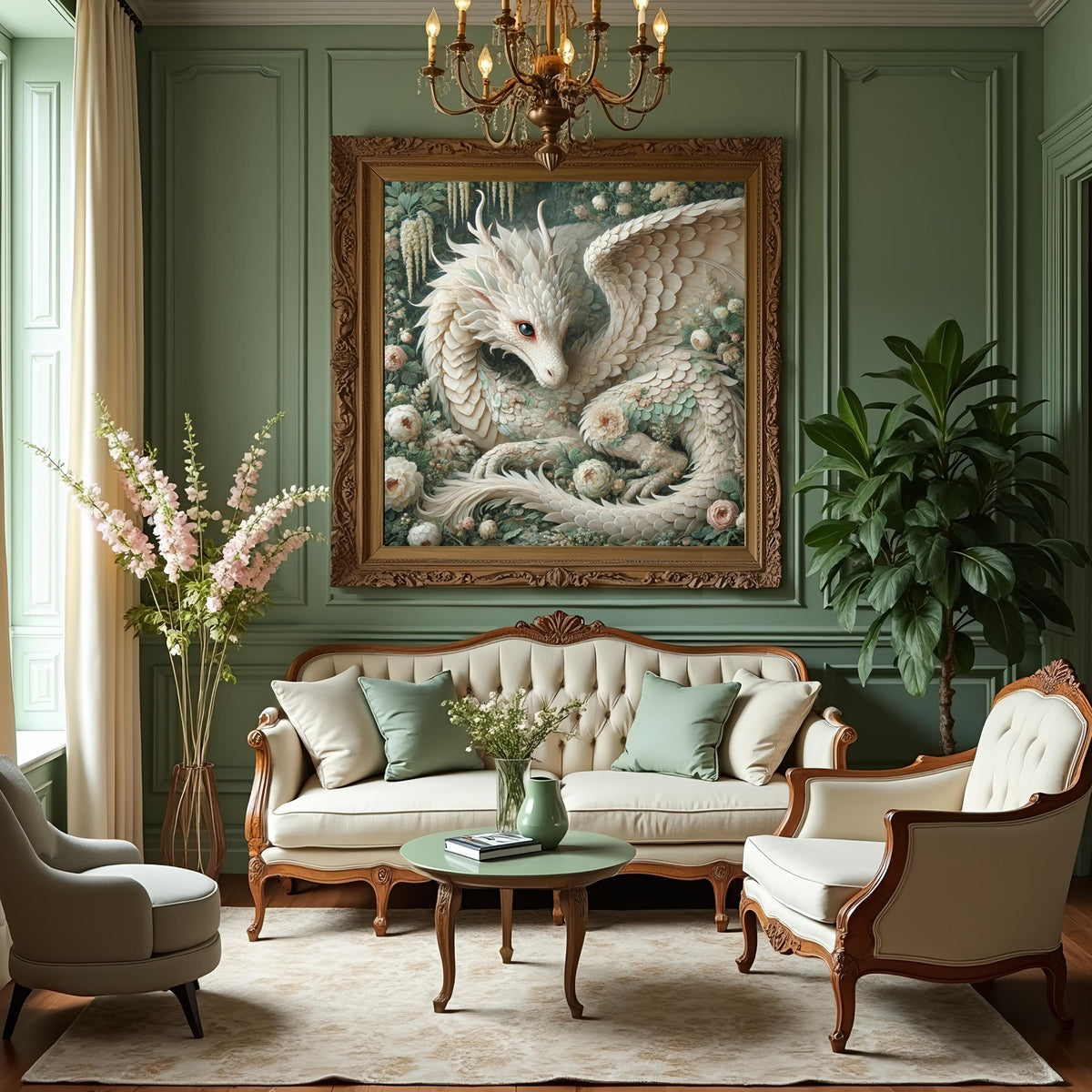 Ivory Dragon Garden Art: Vintage Fantasy Oil Painting (Digital Download)