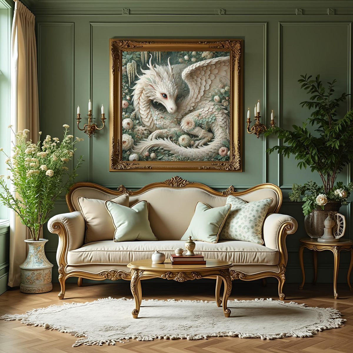 Ivory Dragon Garden Art: Vintage Fantasy Oil Painting (Digital Download)