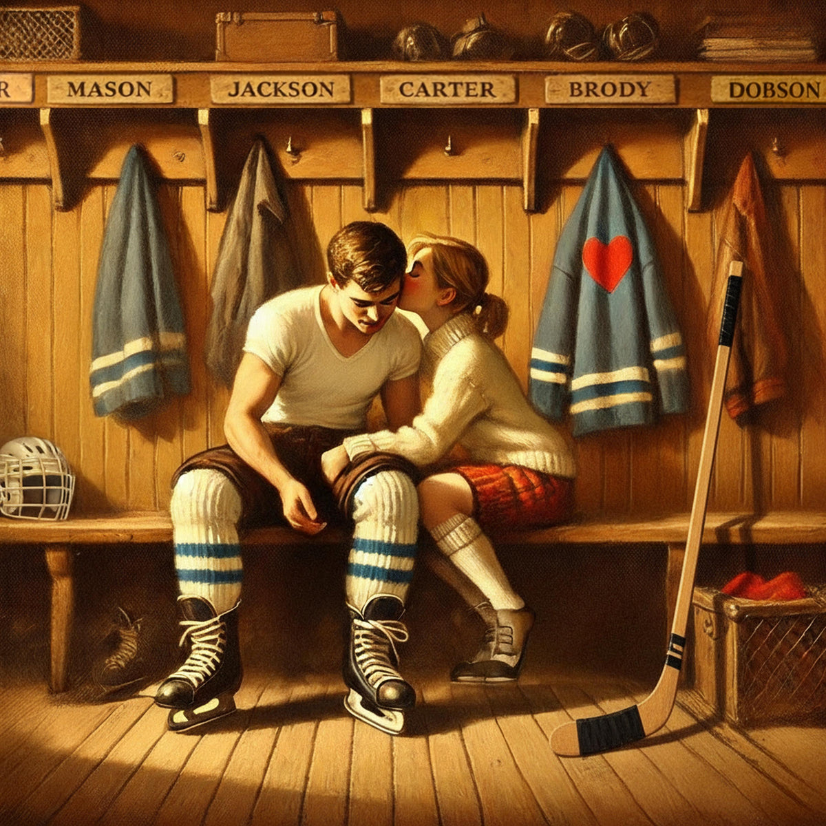 Hockey Romance Art Print: Locker Room Kiss, Vintage Love Scene (Digital Download)
