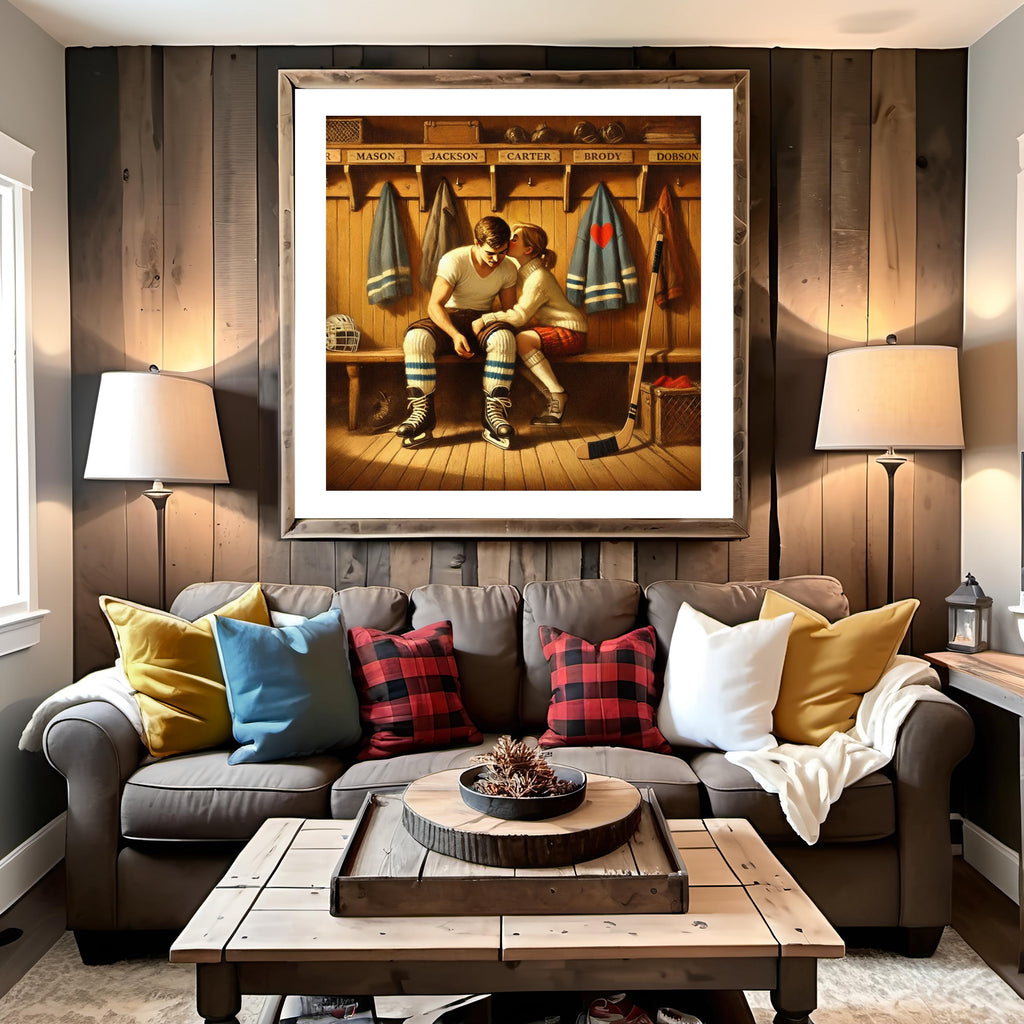 Hockey Romance Art Print: Locker Room Kiss, Vintage Love Scene (Digital Download)