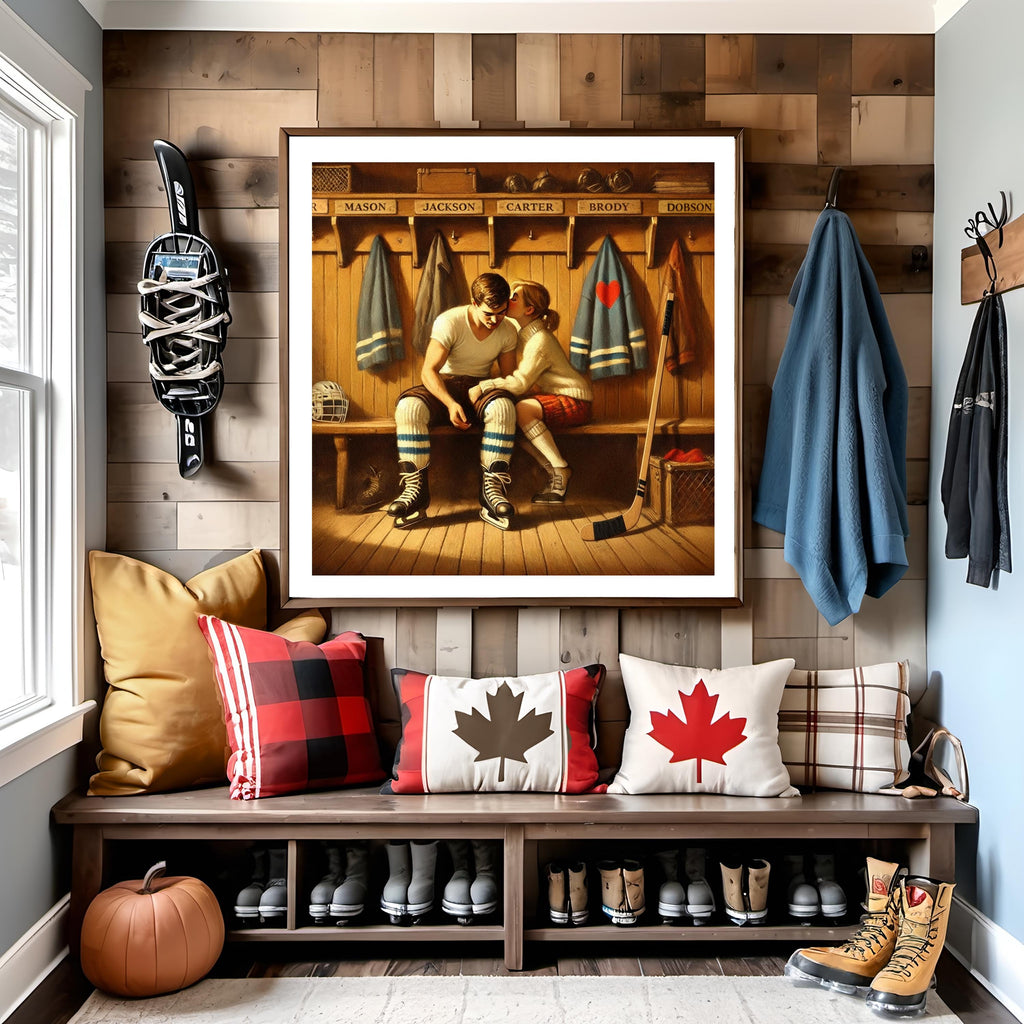 Hockey Romance Art Print: Locker Room Kiss, Vintage Love Scene (Digital Download)