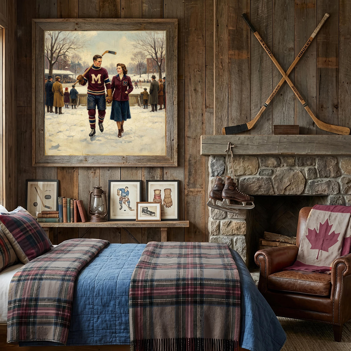 Vintage Hockey Romance Painting, Winter Ice Rink Couple (Digital Art Download)