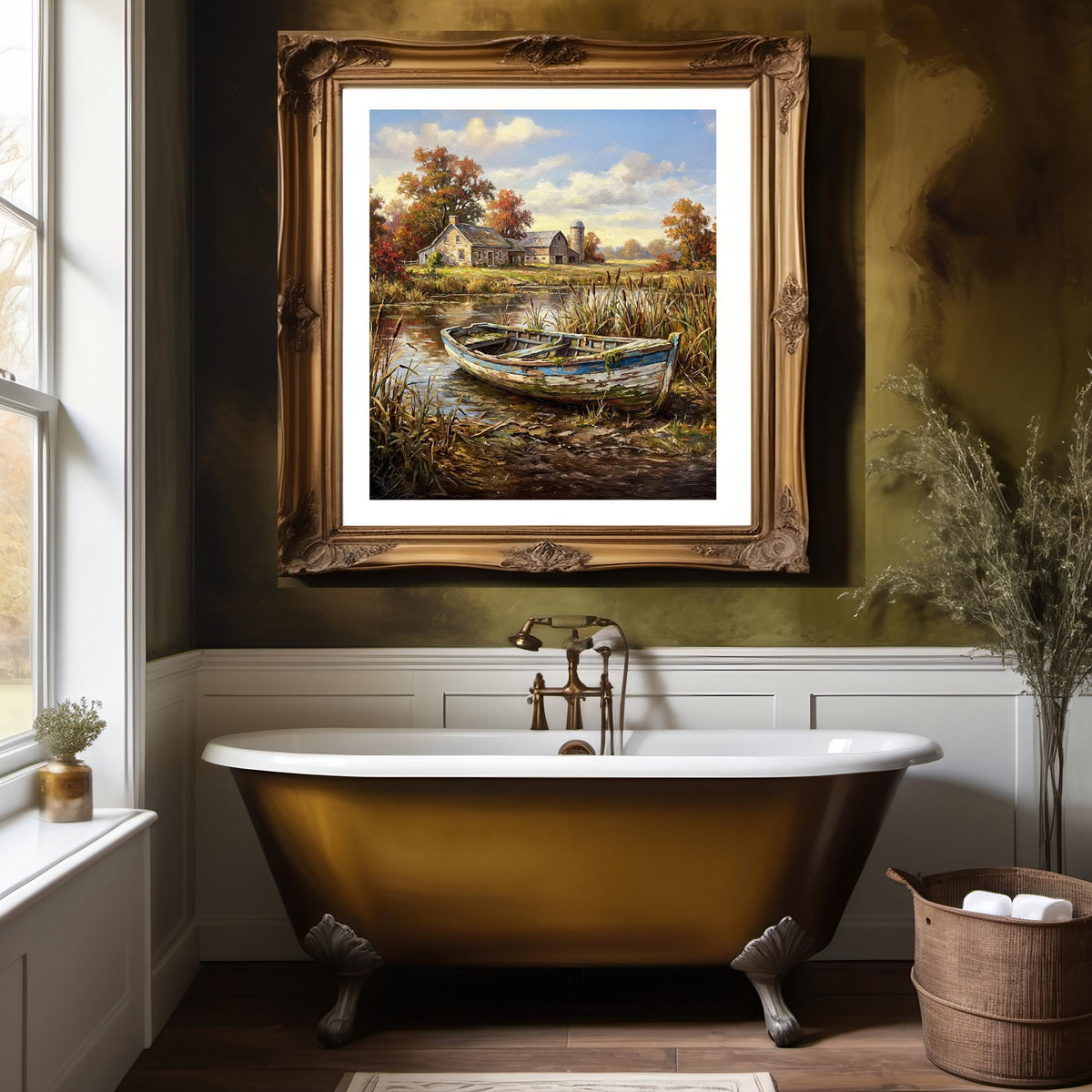 Farm Pond Rowboat Art Print: Rustic Autumn Landscape (Digital Download)