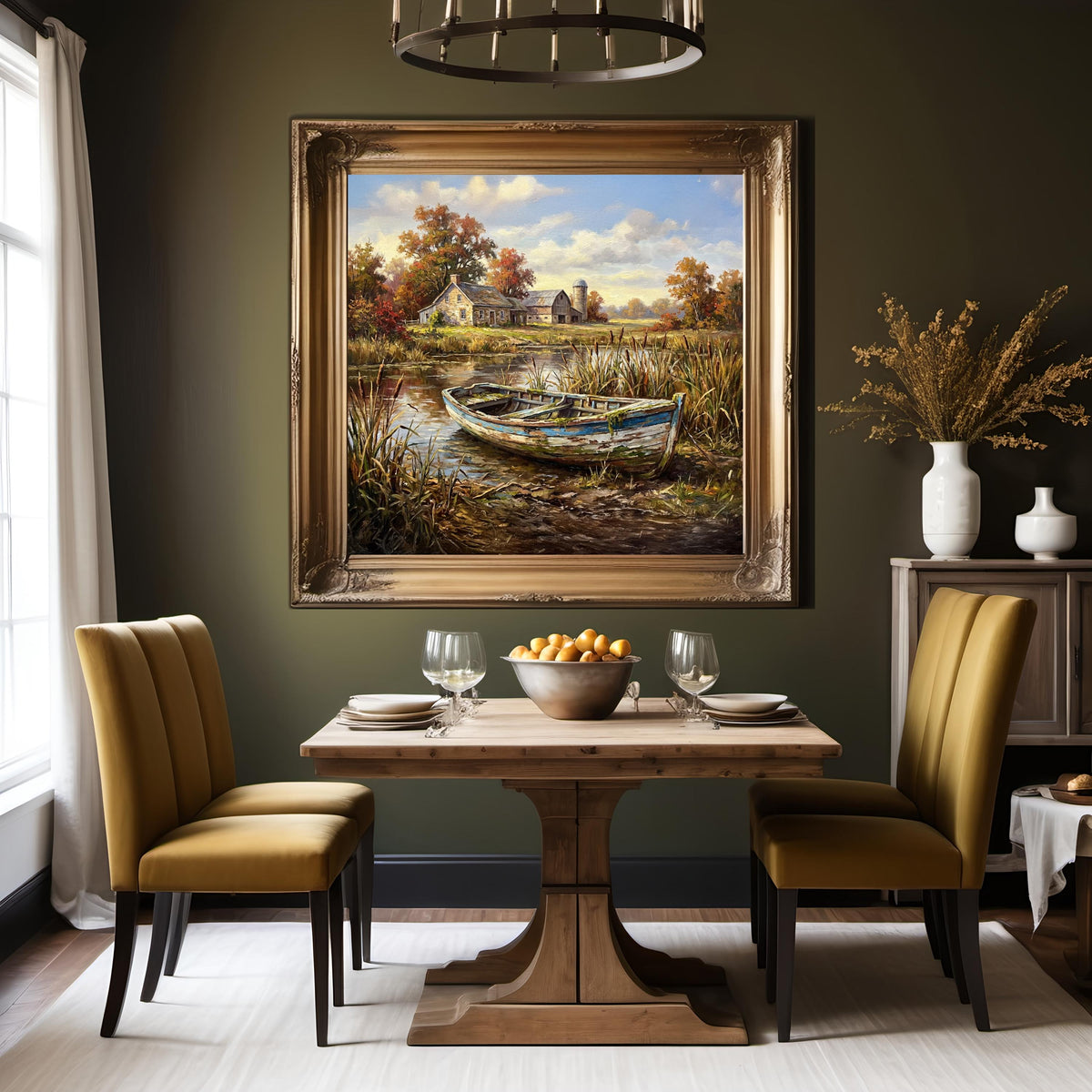 Farm Pond Rowboat Art Print: Rustic Autumn Landscape (Digital Download)