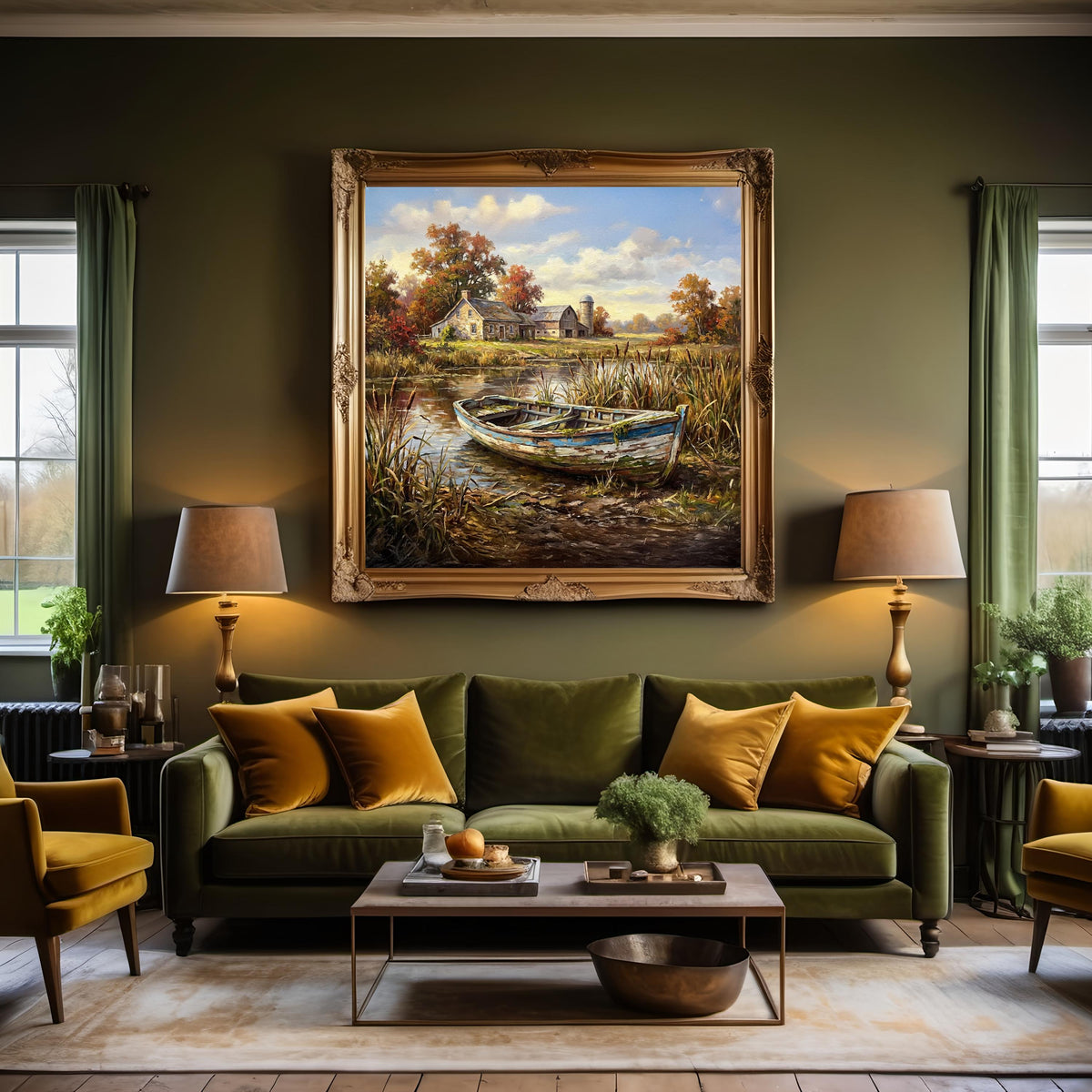 Farm Pond Rowboat Art Print: Rustic Autumn Landscape (Digital Download)