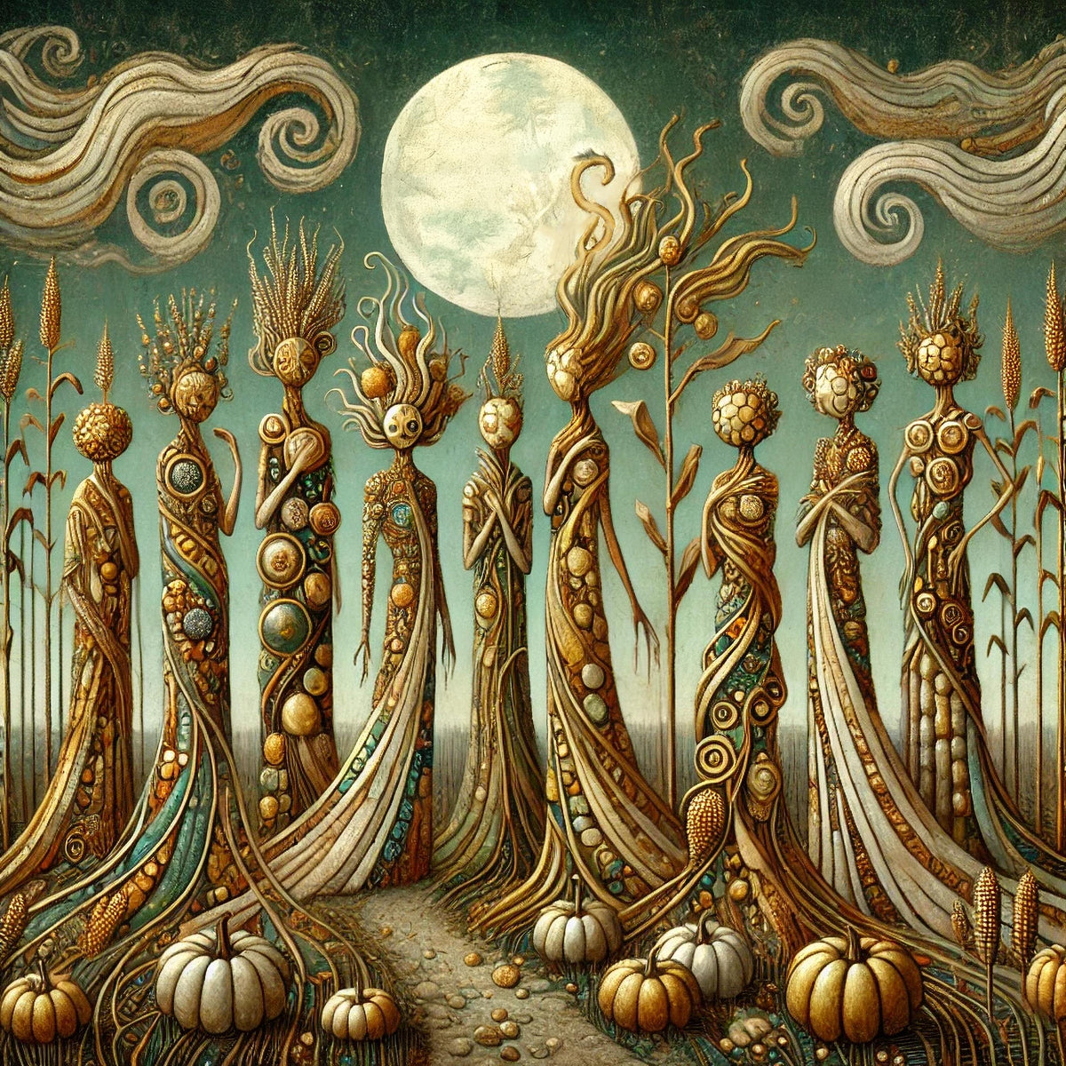 Harvest Moon Gathering: Autumn Spirits Fantasy Art (Digital Download)