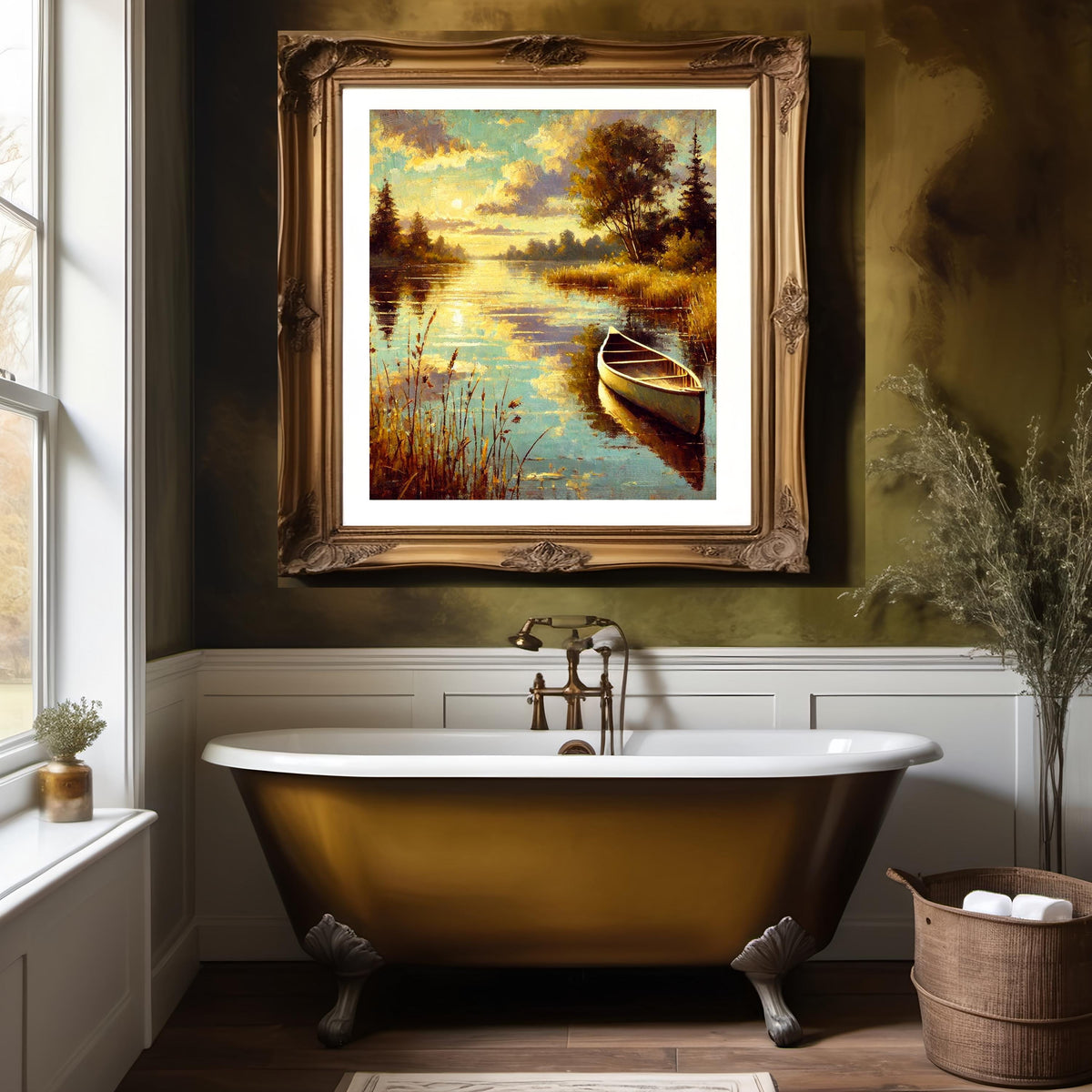 Canoe Sunset Oil Painting | Vintage Lake Art (Digital Download)
