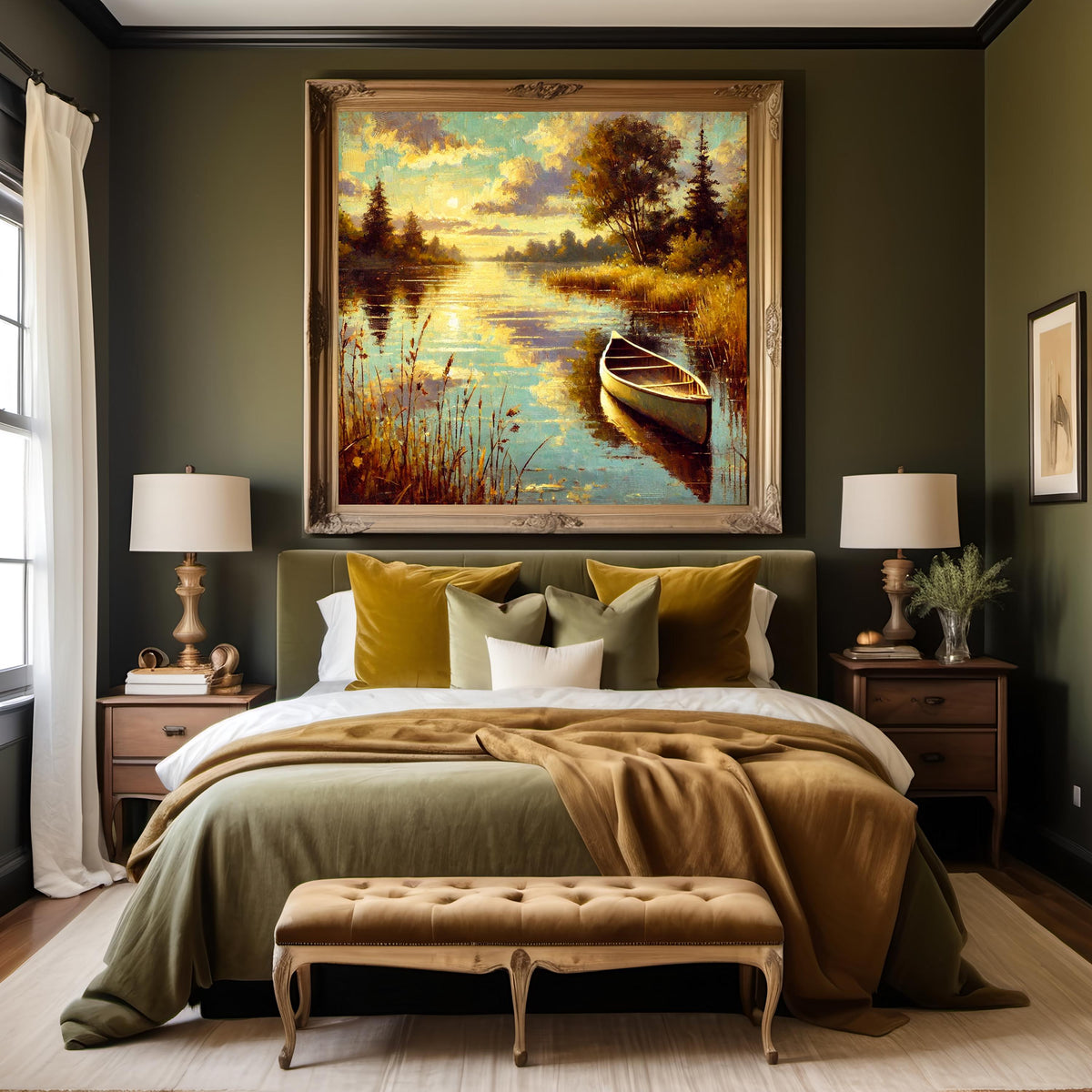 Canoe Sunset Oil Painting | Vintage Lake Art (Digital Download)