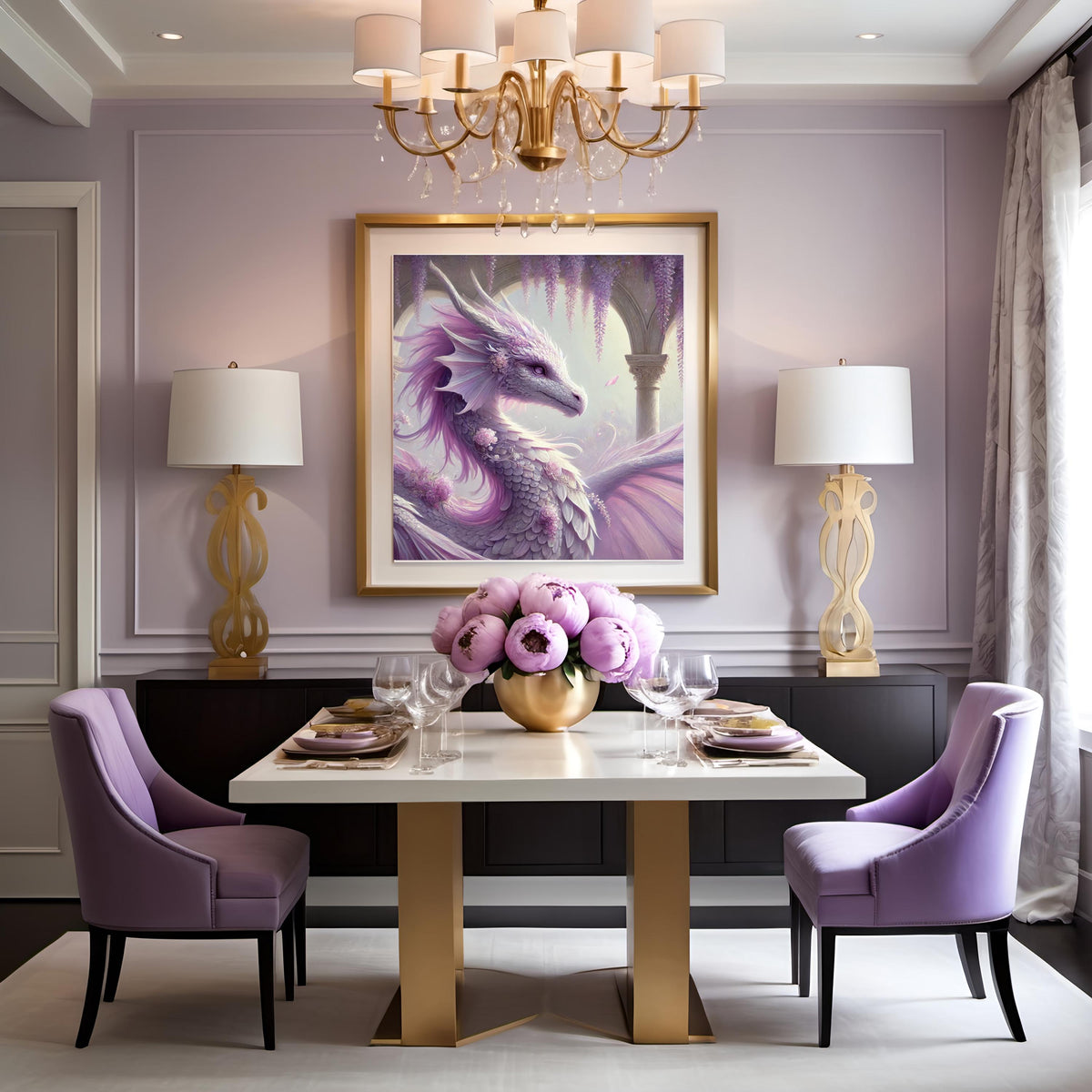 Lavender Dragon Portrait Art, Floral Fantasy Oil Painting (Digital Download)