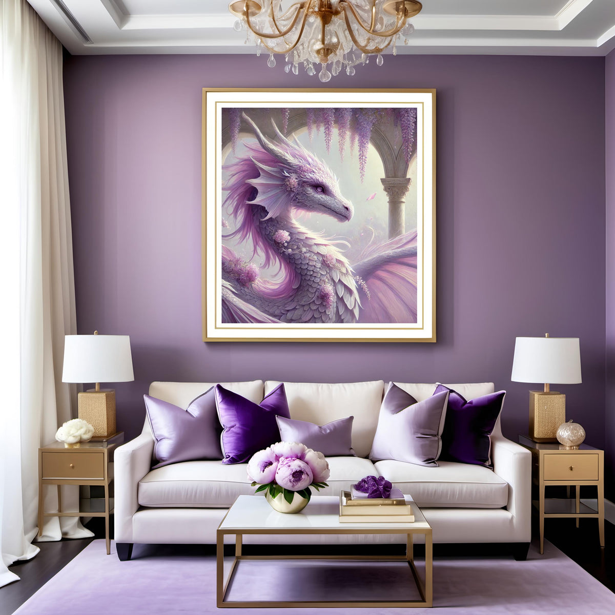 Lavender Dragon Portrait Art, Floral Fantasy Oil Painting (Digital Download)