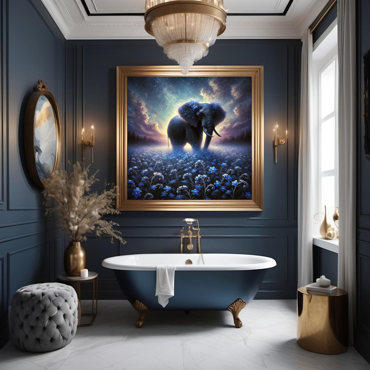 Blue Elephant Art Print, Forget-Me-Not Field, Nursery Decor (Digital Download)