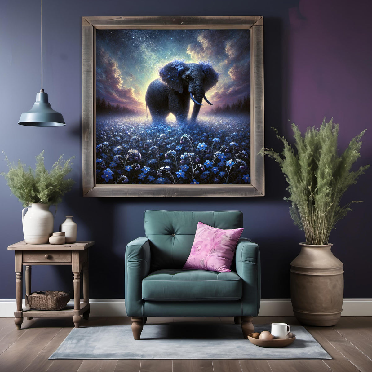 Blue Elephant Art Print, Forget-Me-Not Field, Nursery Decor (Digital Download)