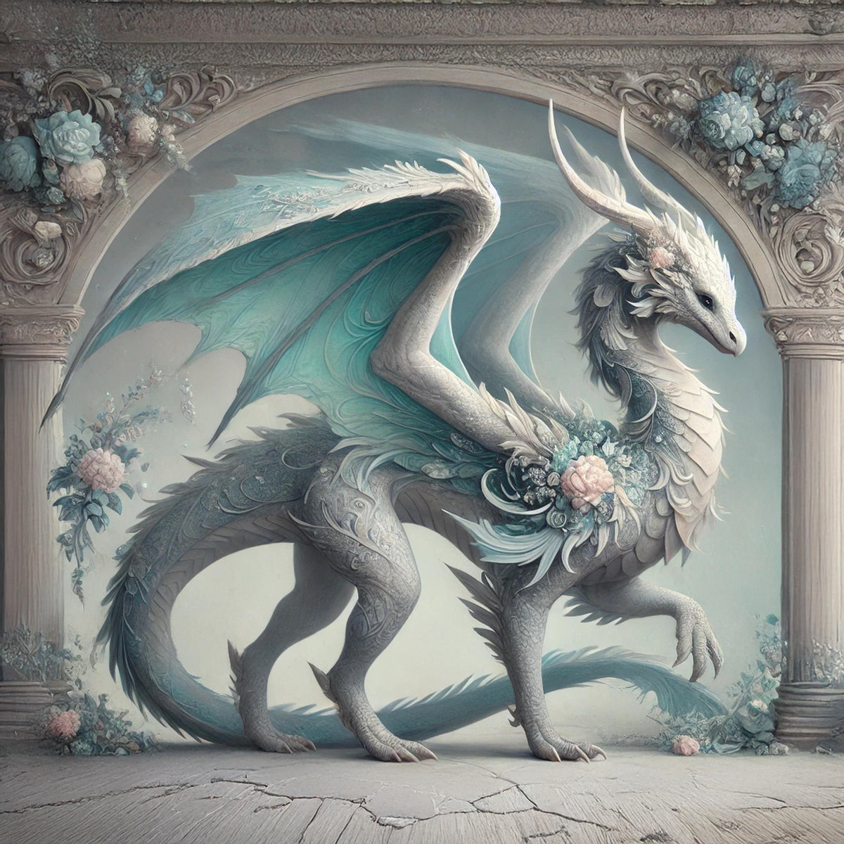 Teal Winged Dragon Art Print, Vintage Fantasy Home Decor (Digital Download)