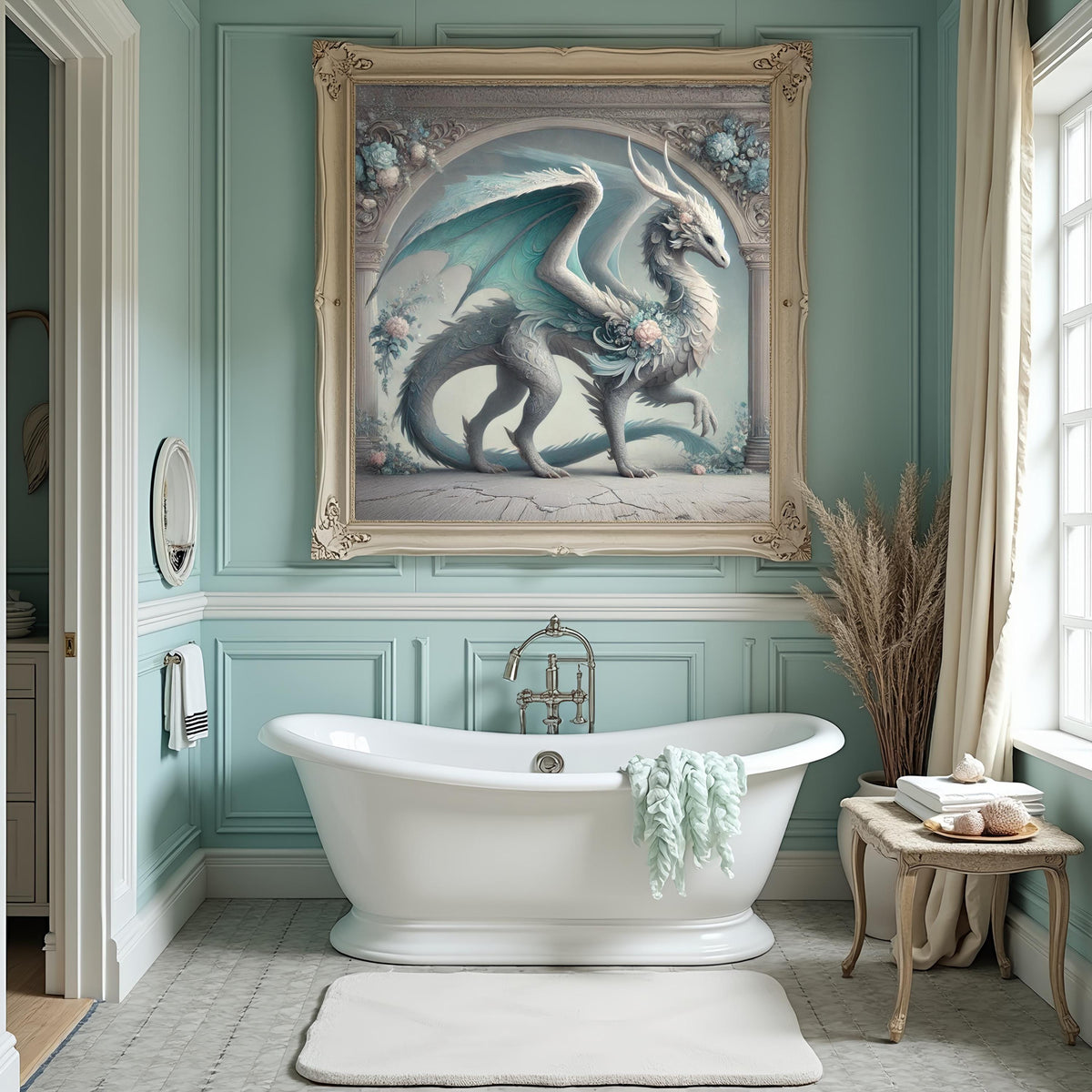 Teal Winged Dragon Art Print, Vintage Fantasy Home Decor (Digital Download)