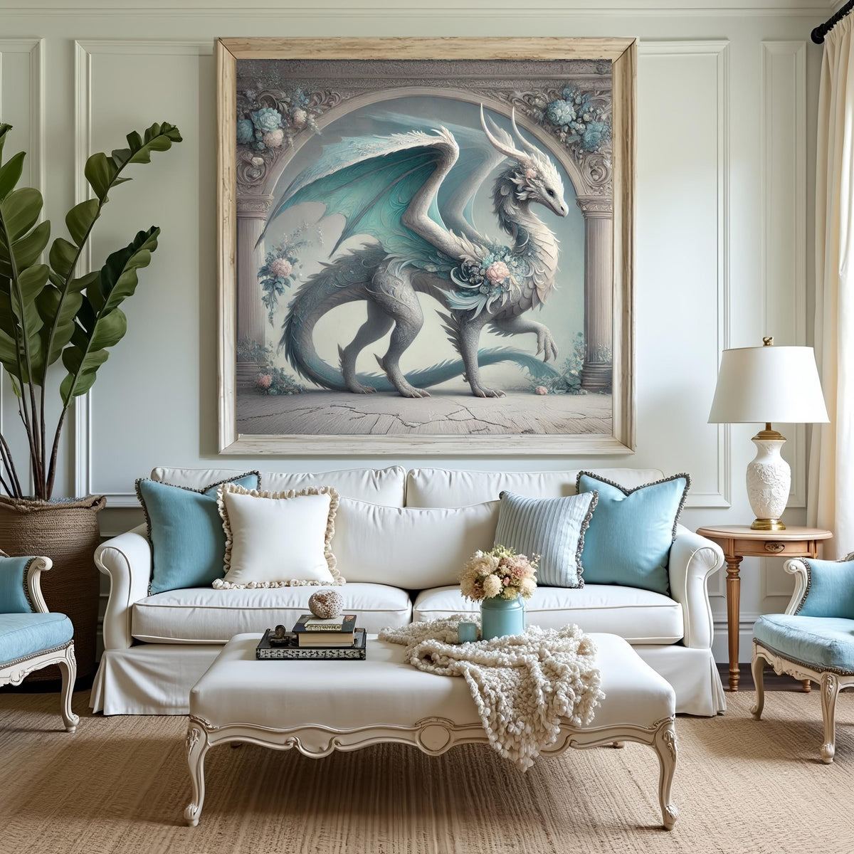Teal Winged Dragon Art Print, Vintage Fantasy Home Decor (Digital Download)