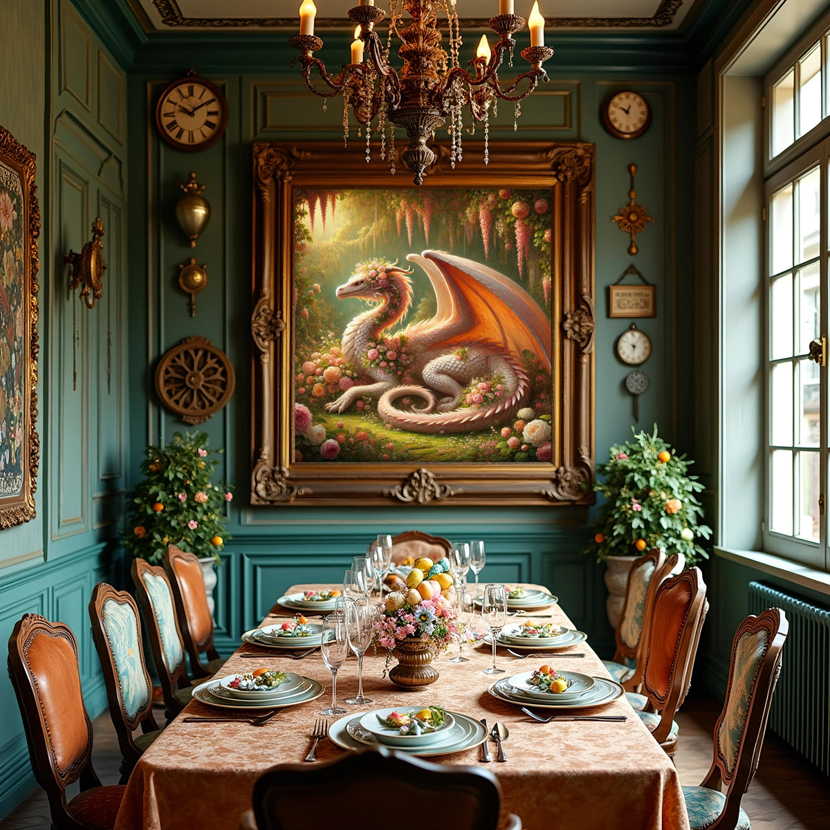 Rose Gold Dragon Art Print, Floral Fantasy Home Decor (Digital Download)