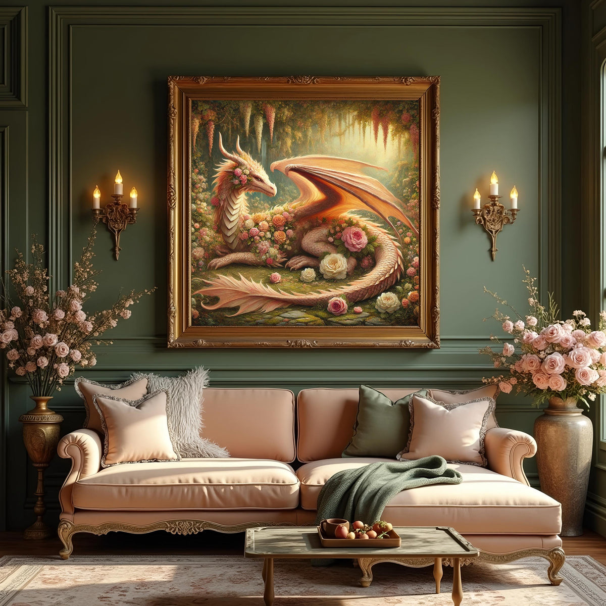 Floral Dragon Art Print | Golden Rose Garden Fantasy (Digital Download)