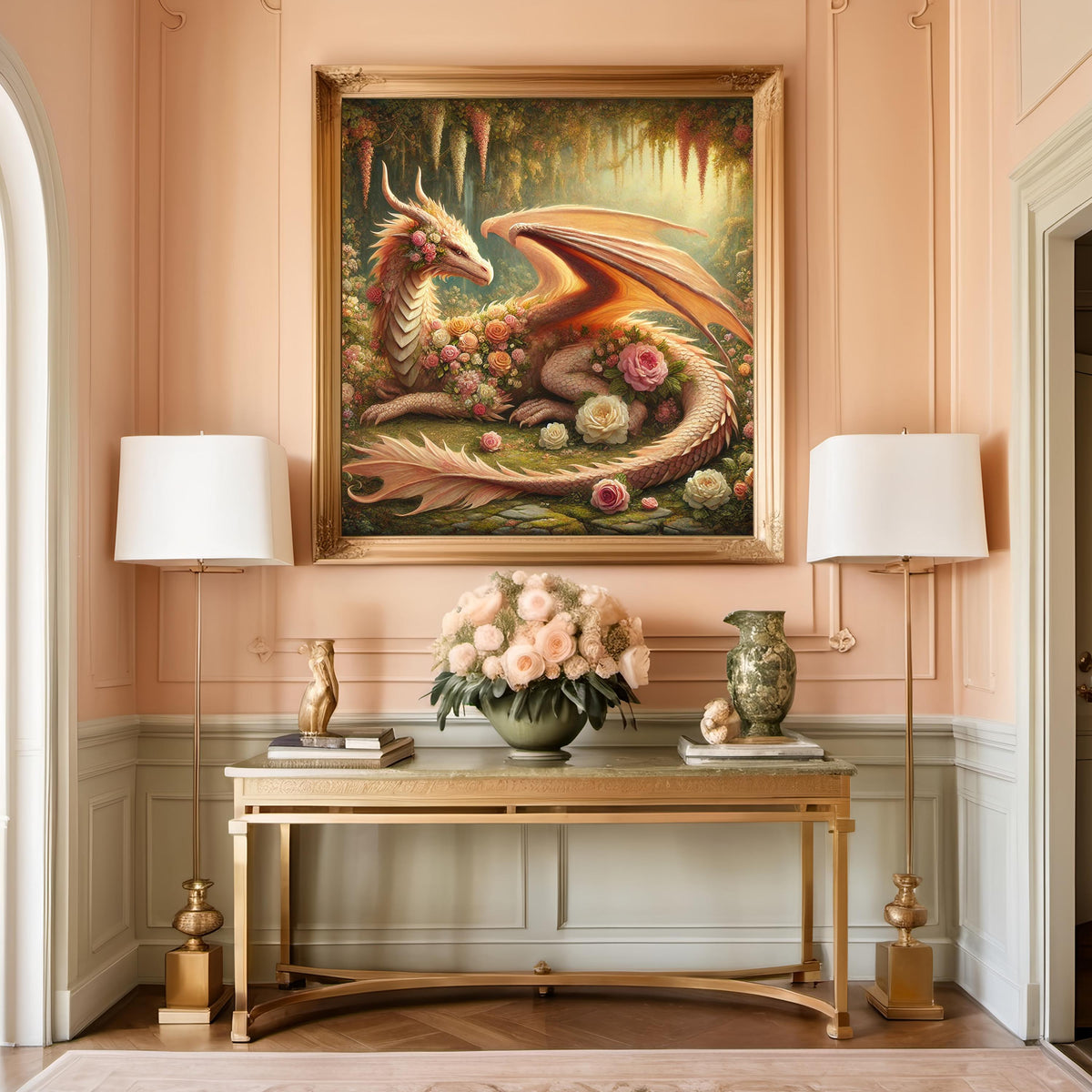 Floral Dragon Art Print | Golden Rose Garden Fantasy (Digital Download)