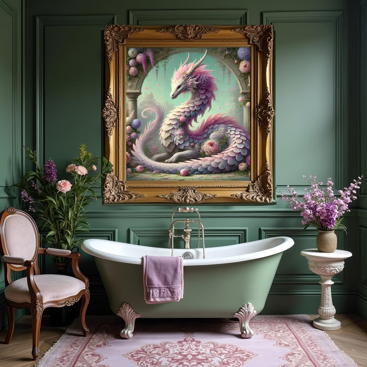 Wisteria Dragon Art Print | Lavender Floral Fantasy (Digital Download)