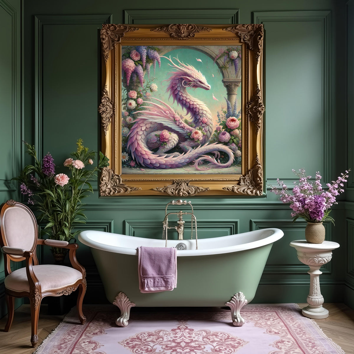Pink Rose Dragon Art Print, Vintage Floral Fantasy (Digital Download)