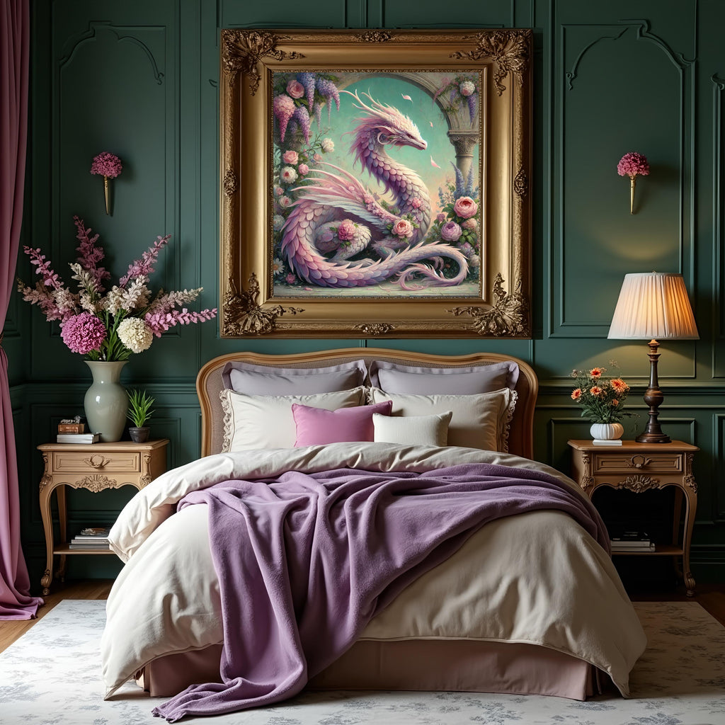 Pink Rose Dragon Art Print, Vintage Floral Fantasy (Digital Download)