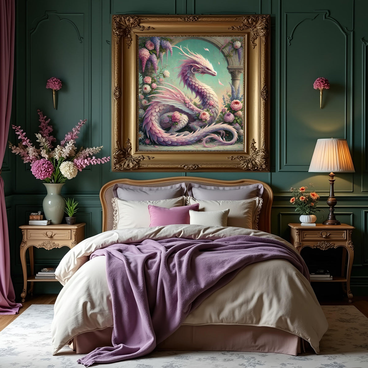 Pink Rose Dragon Art Print, Vintage Floral Fantasy (Digital Download)