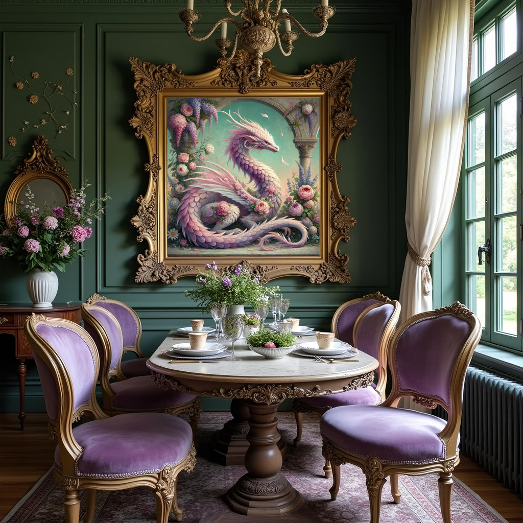Pink Rose Dragon Art Print, Vintage Floral Fantasy (Digital Download)