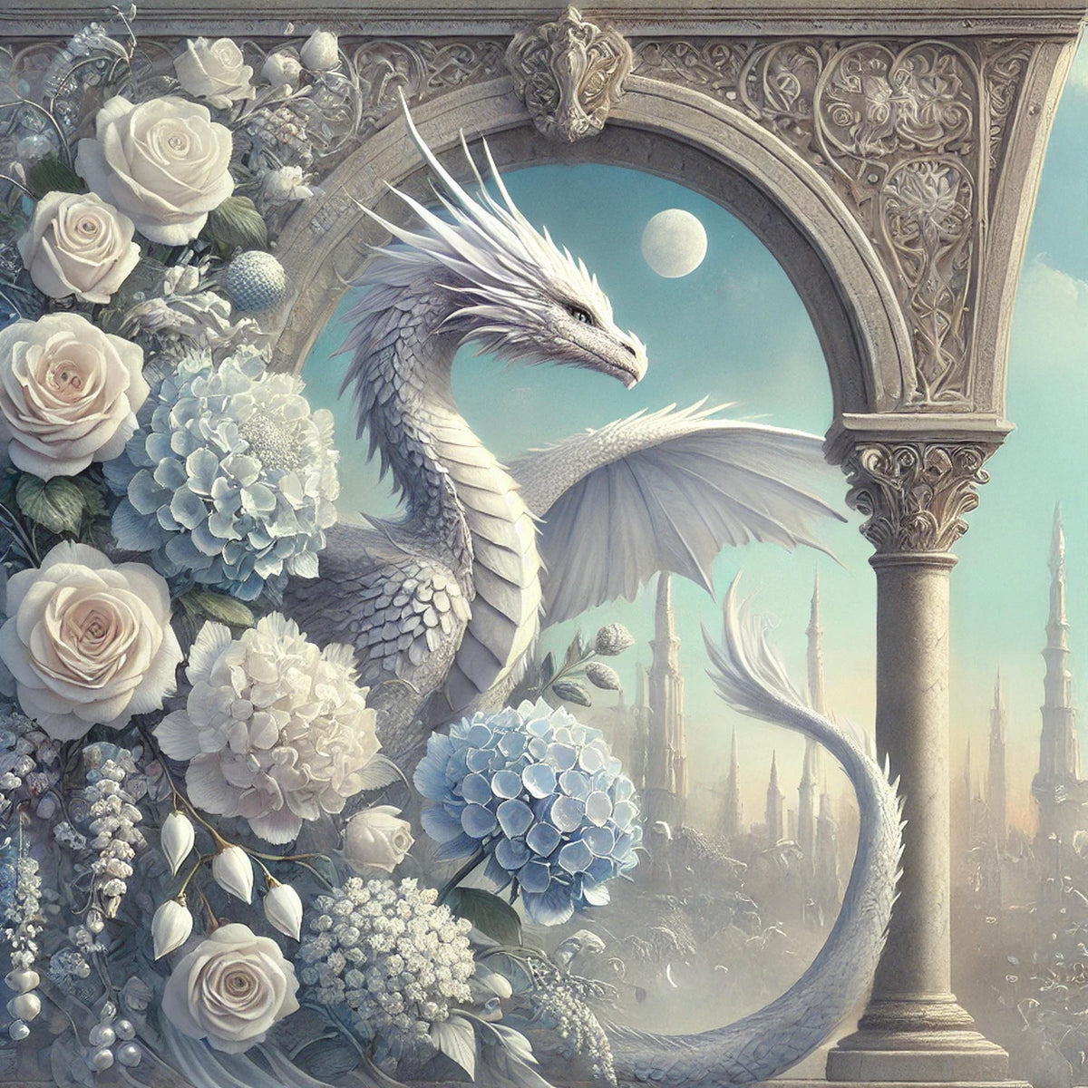 Moonlit Dragon Hydrangea Art Print, Fantasy Home Decor (Digital Download)