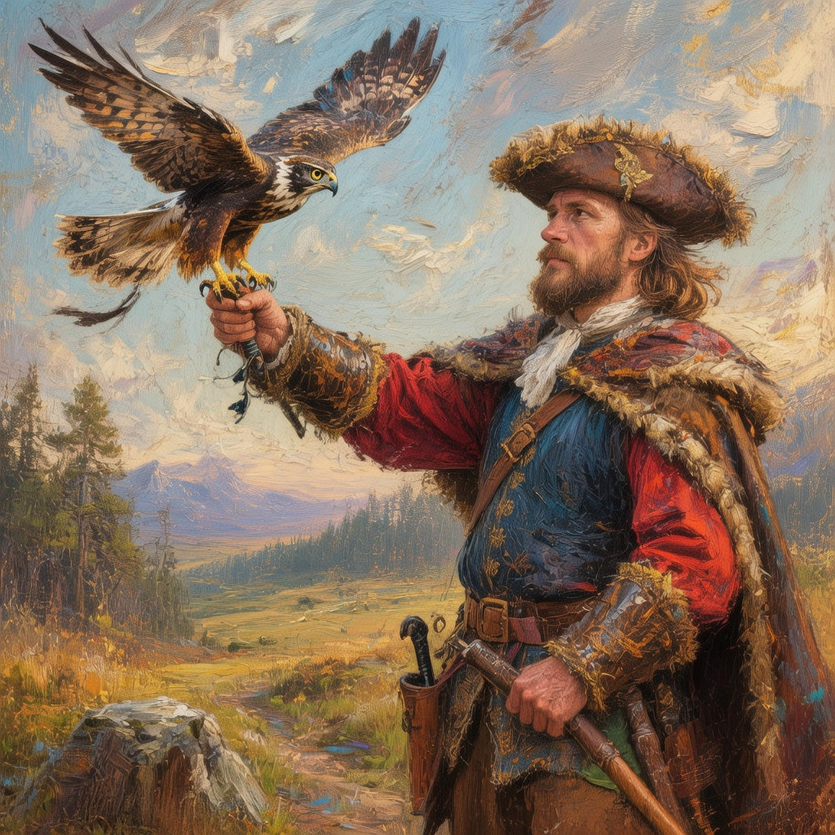 Falconer Hawk Painting | Vintage Mountain Landscape Art (Instant Download)