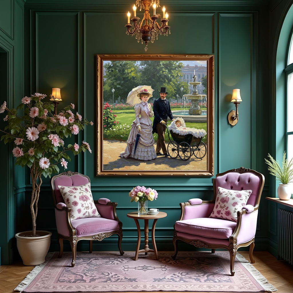 Victorian Family Oil Painting: Stroll Through Rose Garden (Digital Download)