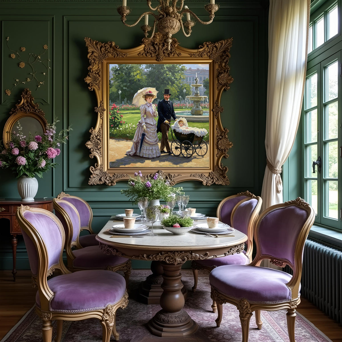 Victorian Family Oil Painting: Stroll Through Rose Garden (Digital Download)