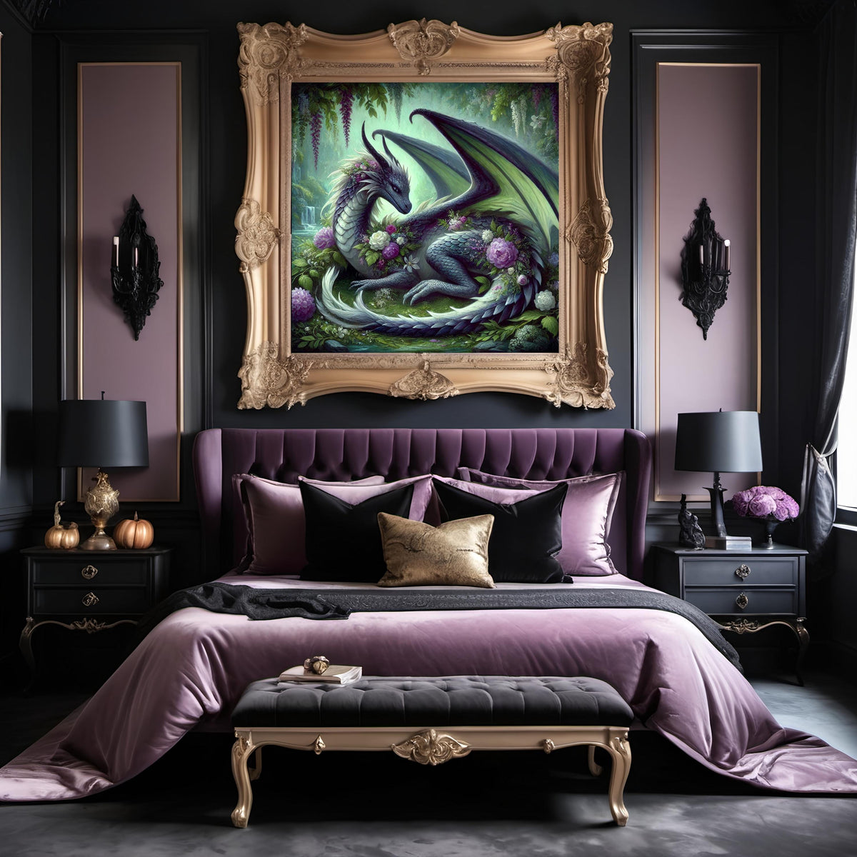 Floral Dragon Art Print, Emerald Garden Fantasy (Digital Download)