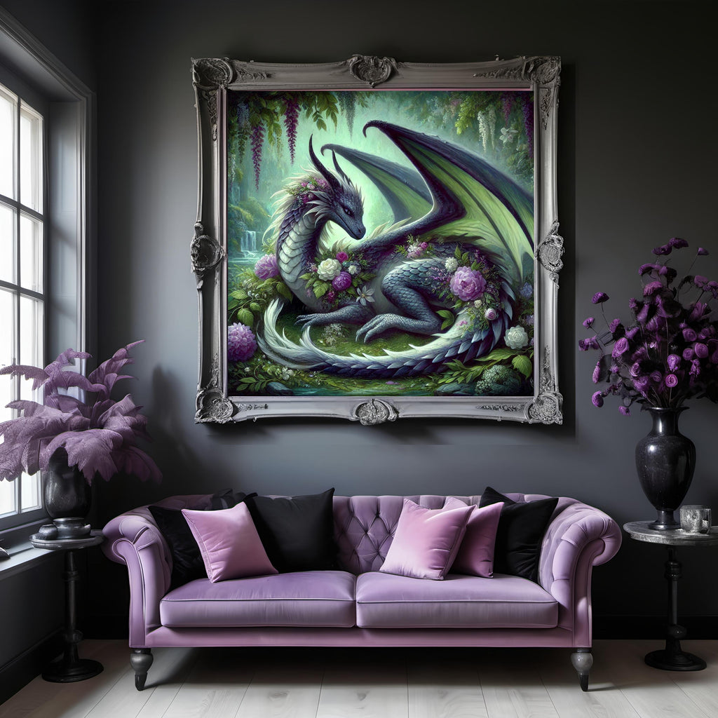Floral Dragon Art Print, Emerald Garden Fantasy (Digital Download)