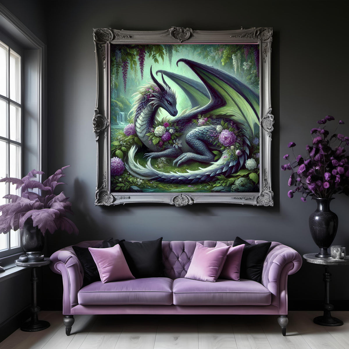 Floral Dragon Art Print, Emerald Garden Fantasy (Digital Download)