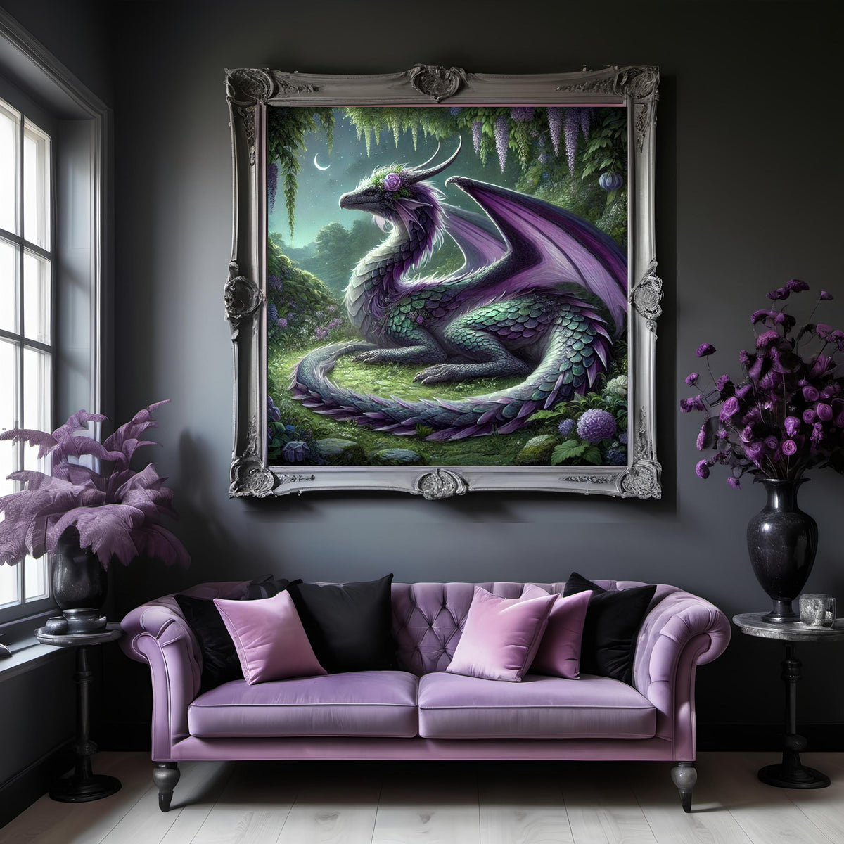 Amethyst Dragon Art Print: Moonlit Garden Fantasy (Digital Download)