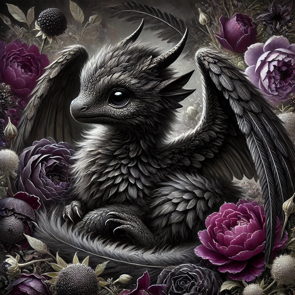 Gothic Baby Dragon Art: Velvet Rose Fantasy Oil Painting (Digital Download)