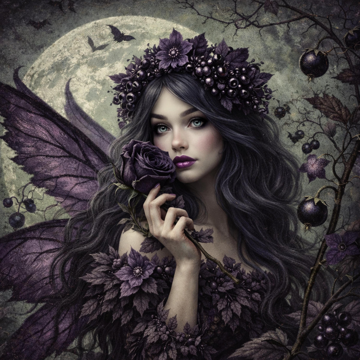 Gothic Fairy Art: Moonlit Blackberry Rose, Vintage Fantasy (Digital Download)