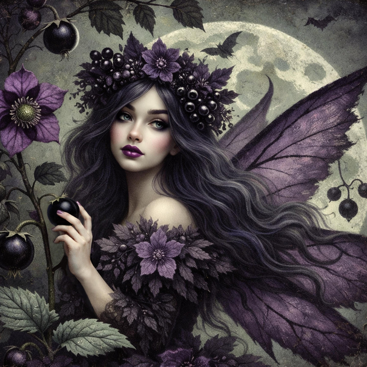 Gothic Blackberry Fairy Art Print: Vintage Fantasy Home Decor (Digital Download)