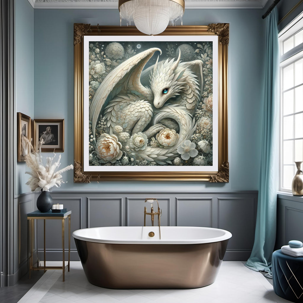 Ivory Dragon Art Print: Moonlit Floral Fantasy (Digital Download)