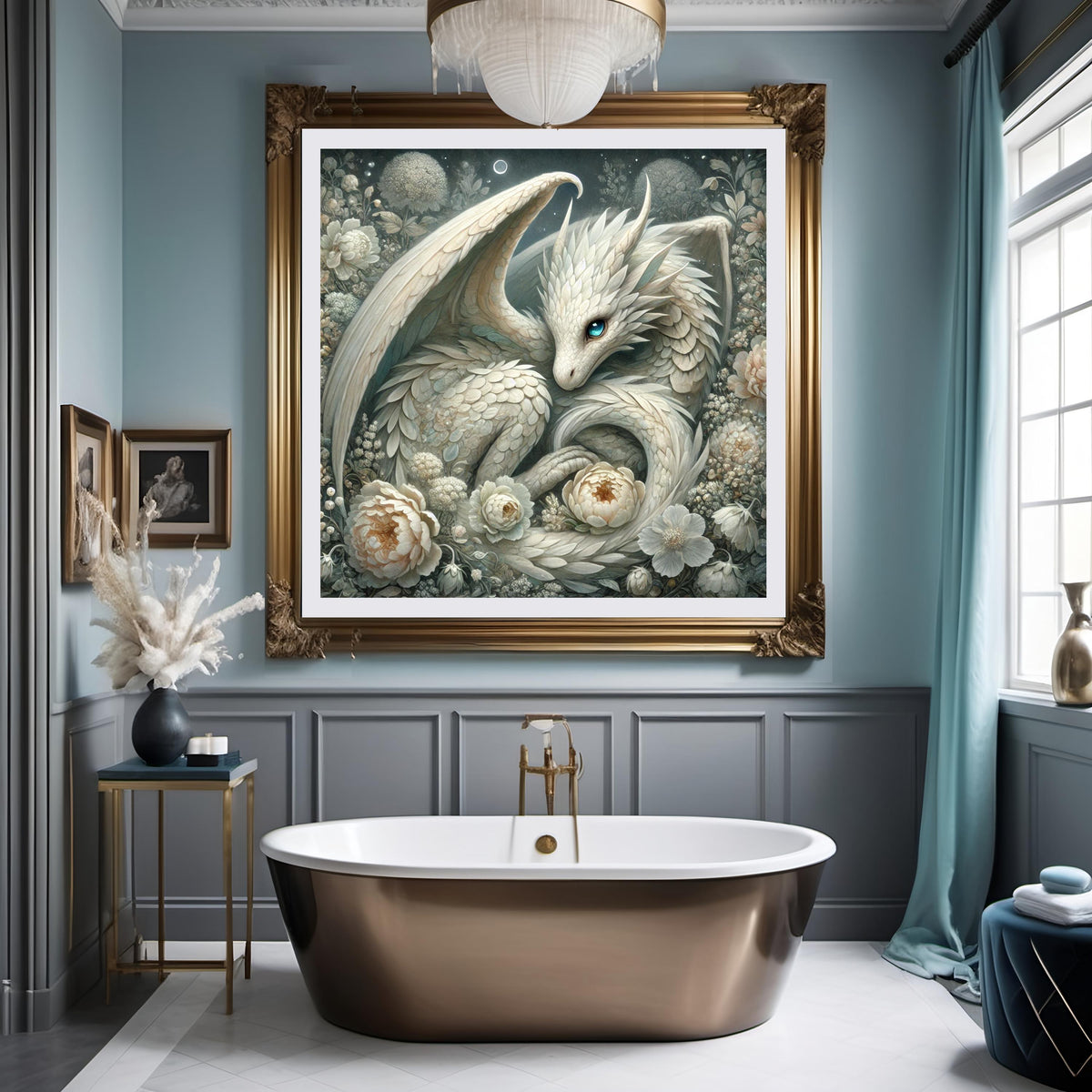 Ivory Dragon Art Print: Moonlit Floral Fantasy (Digital Download)