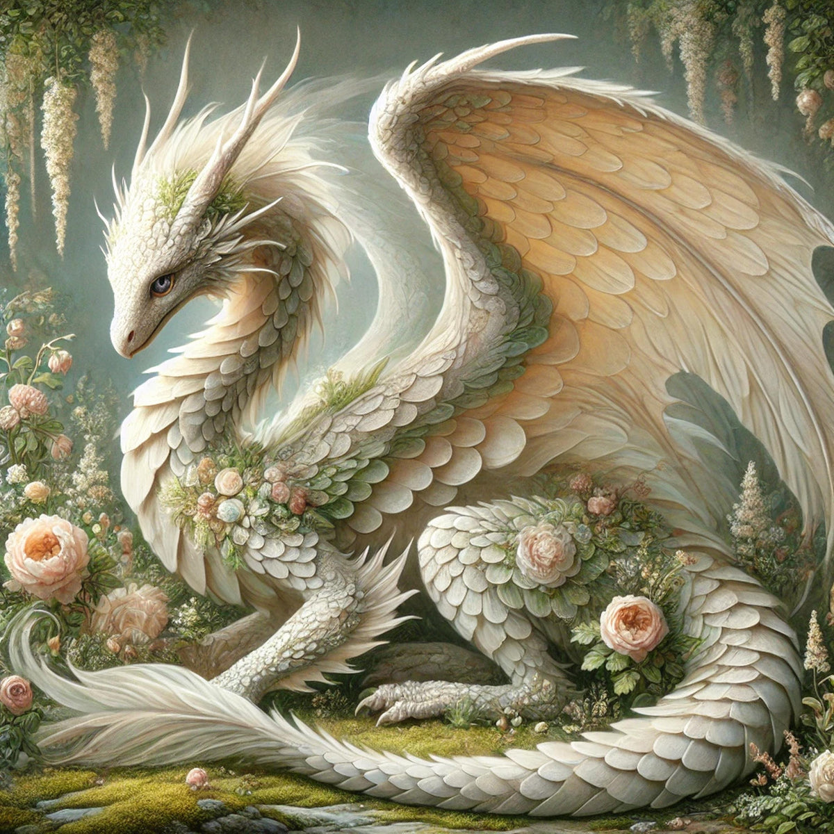 Ivory Garden Dragon Art Print: Vintage Floral Fantasy Wall Art (Digital Download)